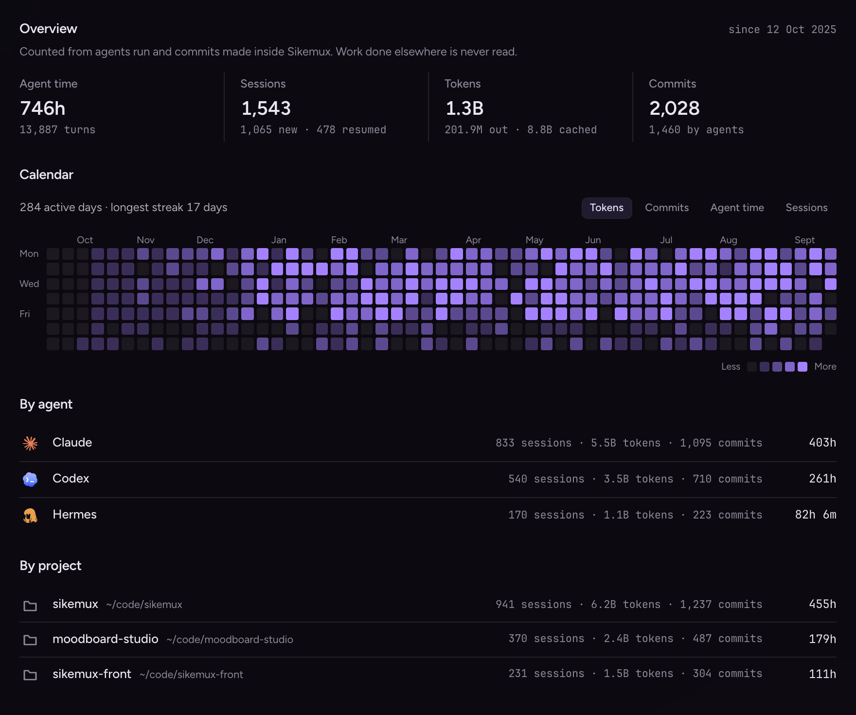 The Activity page: totals, a year of daily activity, and breakdowns by agent and by project
