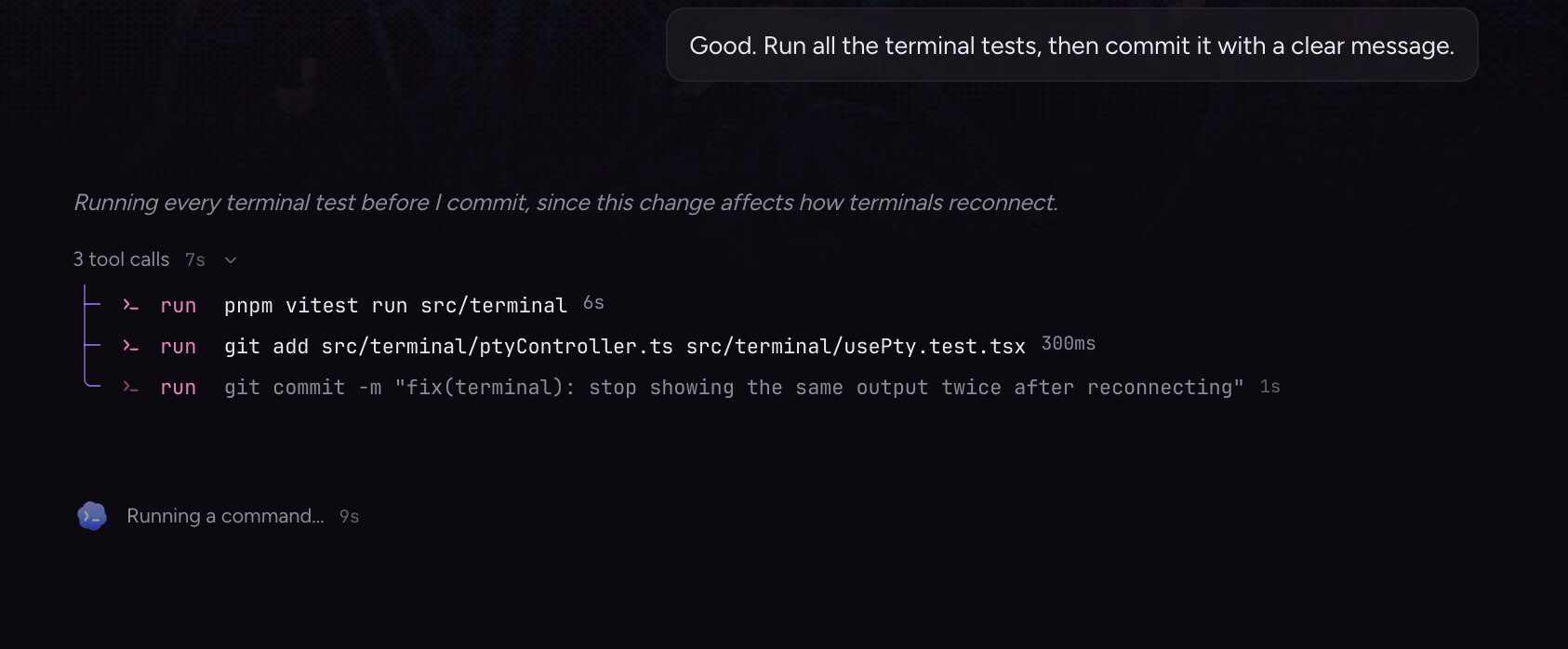 Codex running the test suite, then committing its fix
