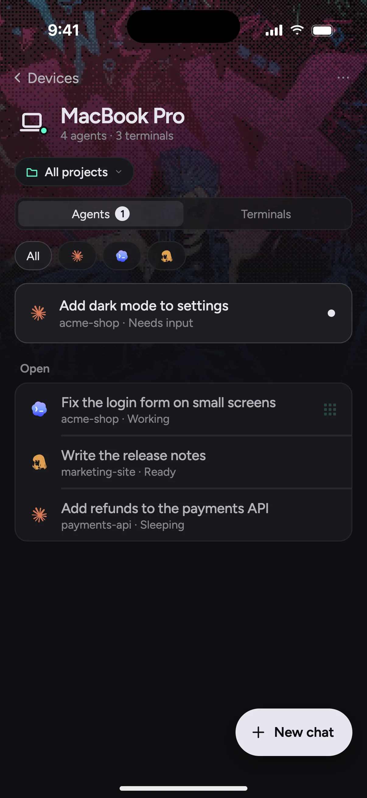A preview of the phone app in development, listing a Mac's agents