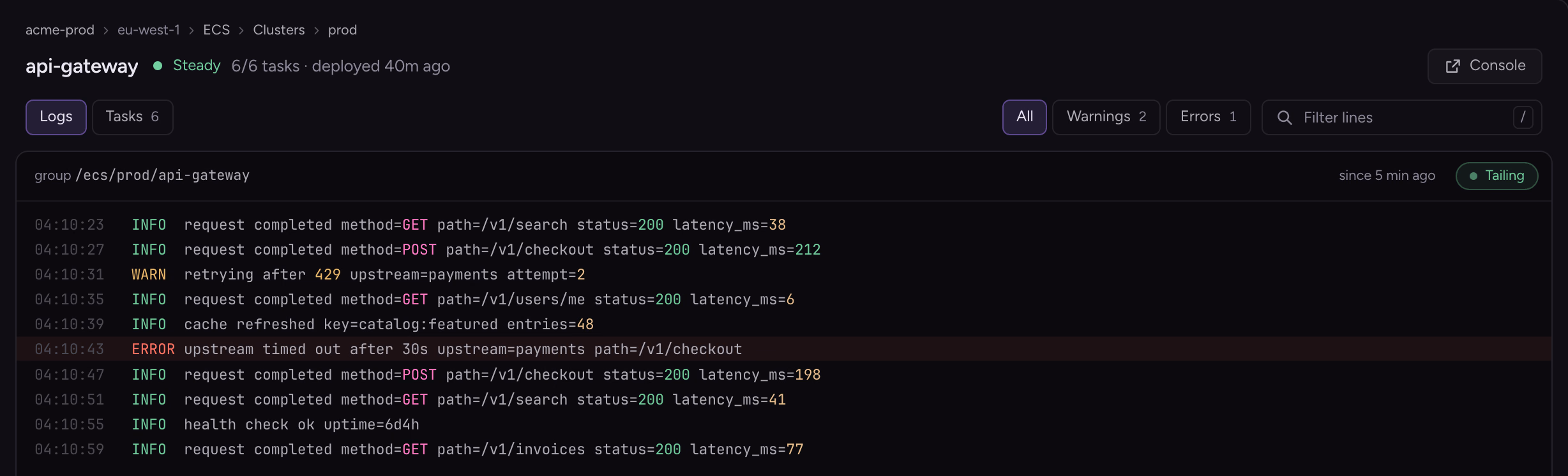 CloudWatch logs streaming for an ECS service, with a warning and an error highlighted