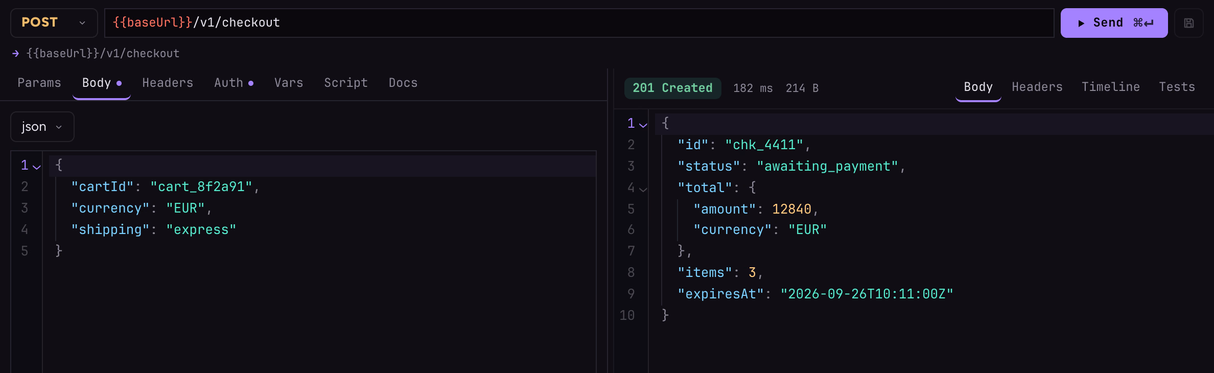 A Bruno POST request and its 201 Created JSON response