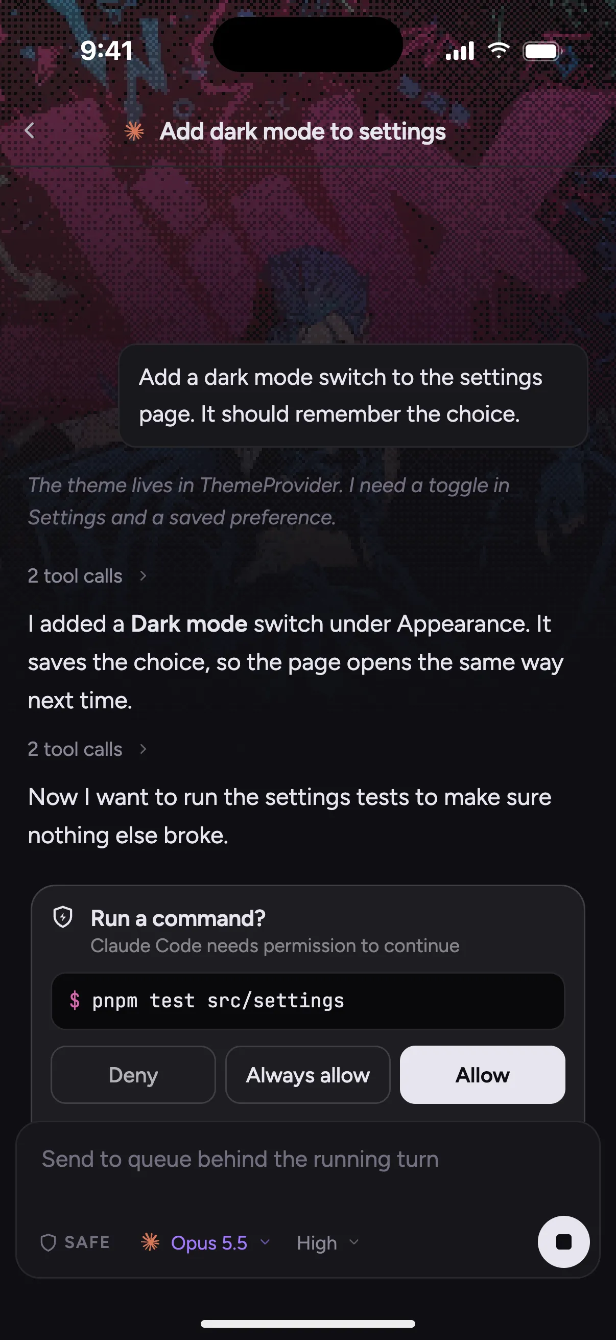 A preview of the phone app in development, with an agent asking permission to run the tests