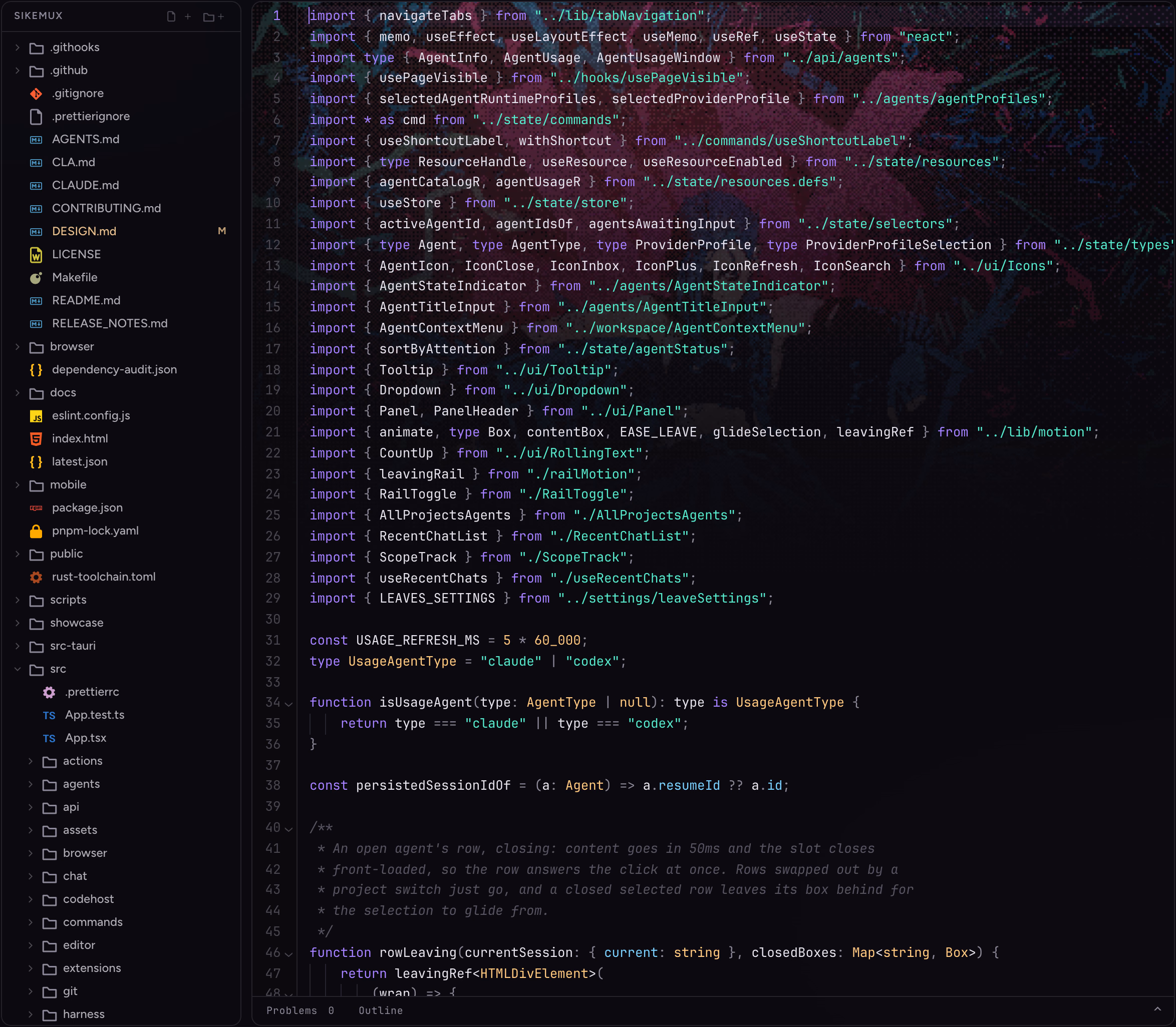 The code editor with the project's files on the left