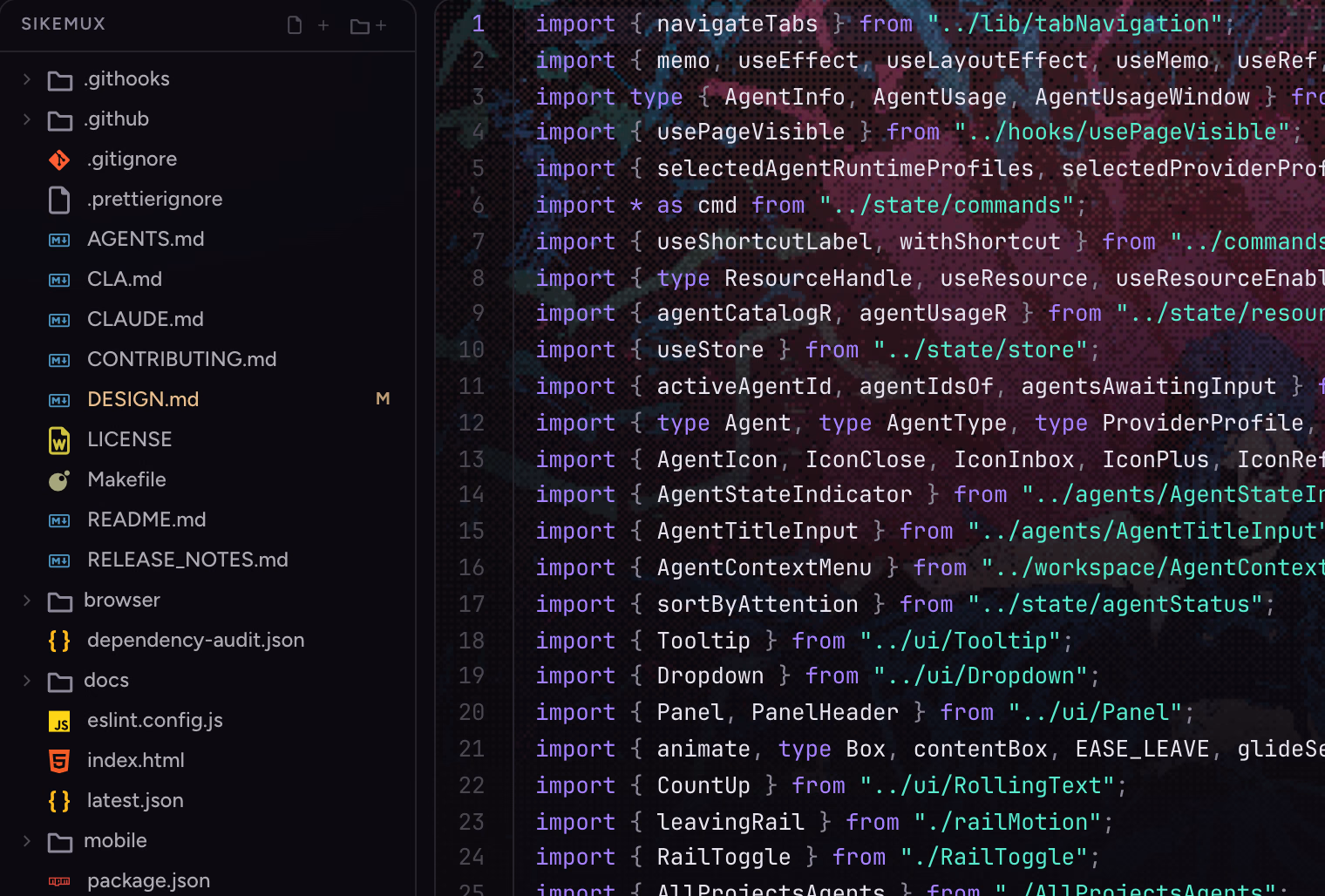 The project's files beside a TypeScript file in the editor