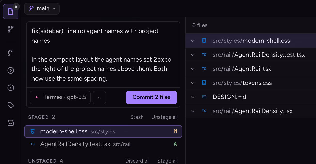 A commit message written by the agent above the files it changed