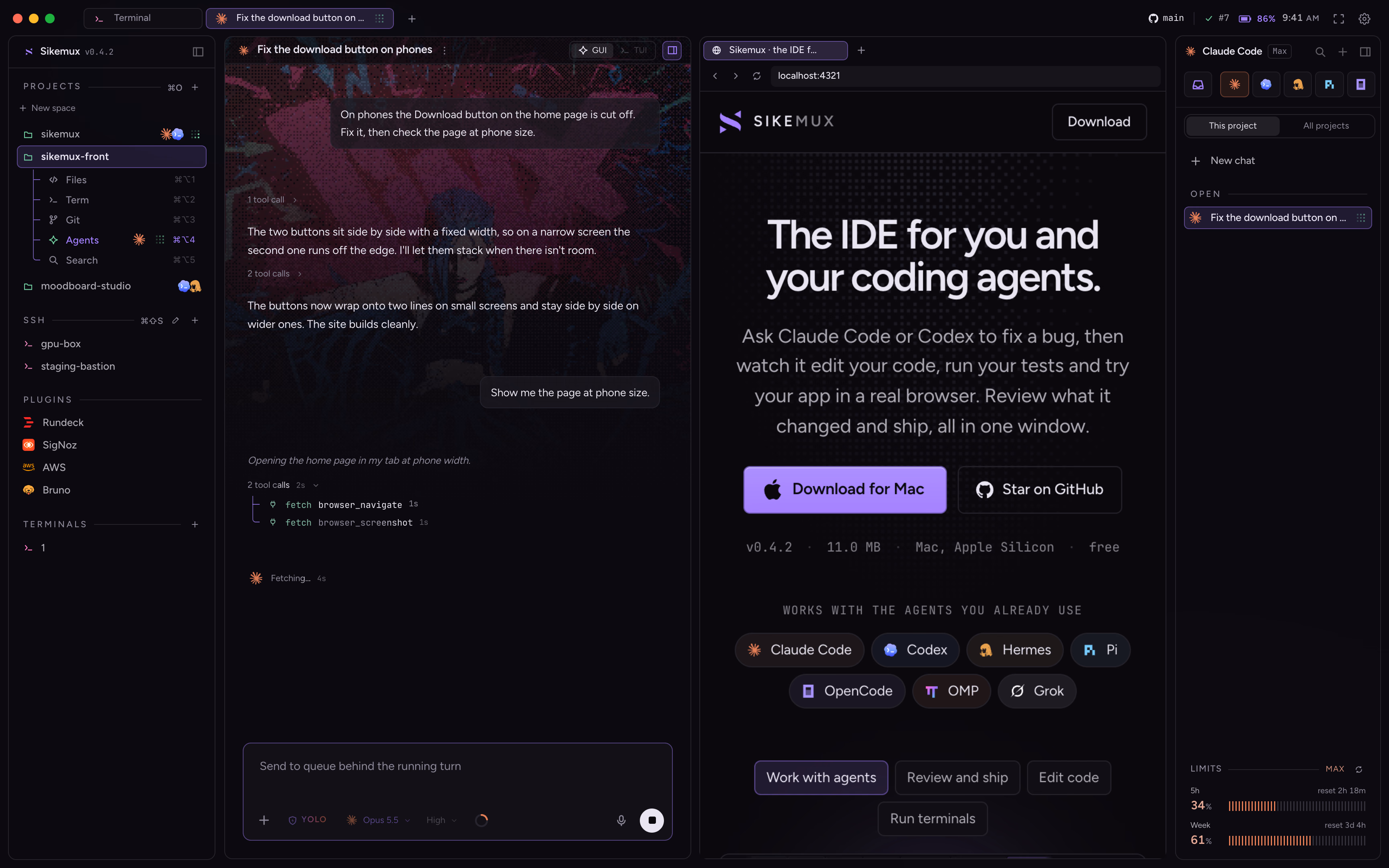 A Claude Code agent fixing a bug, with the pull request it opened shown in its own browser tab