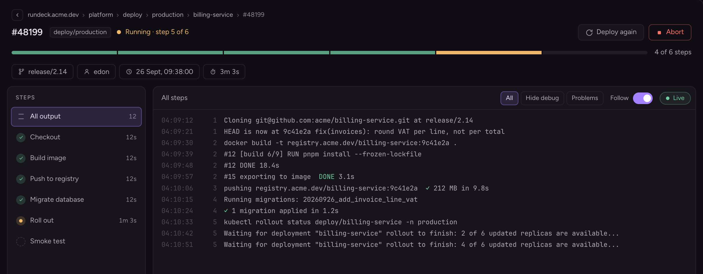 A Rundeck deploy of billing-service at step 5 of 6, with live output