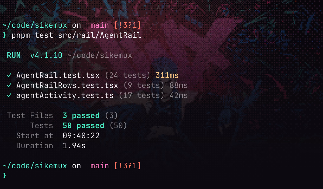 A terminal showing 50 passing tests