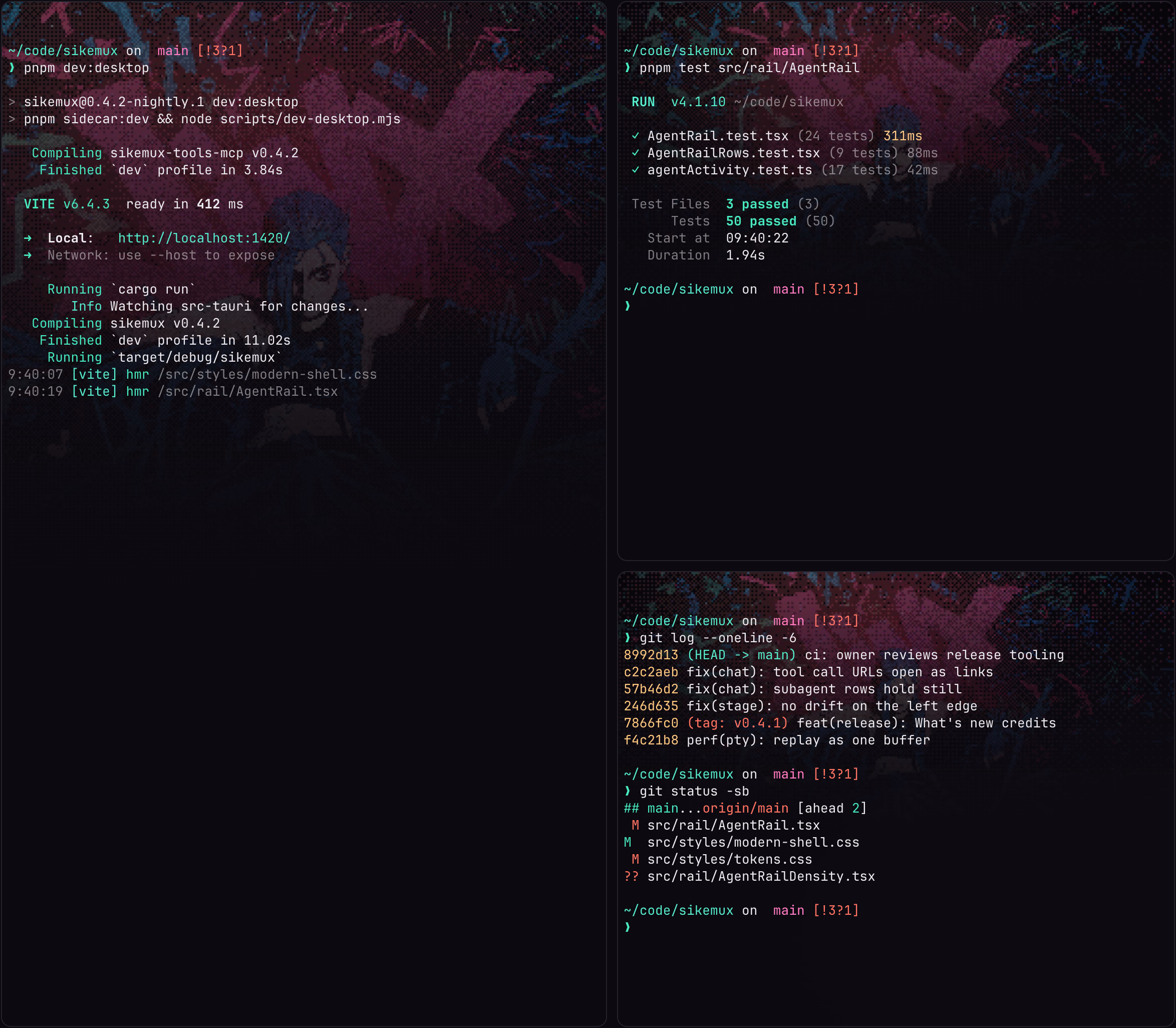 Terminals side by side running a dev server and the tests